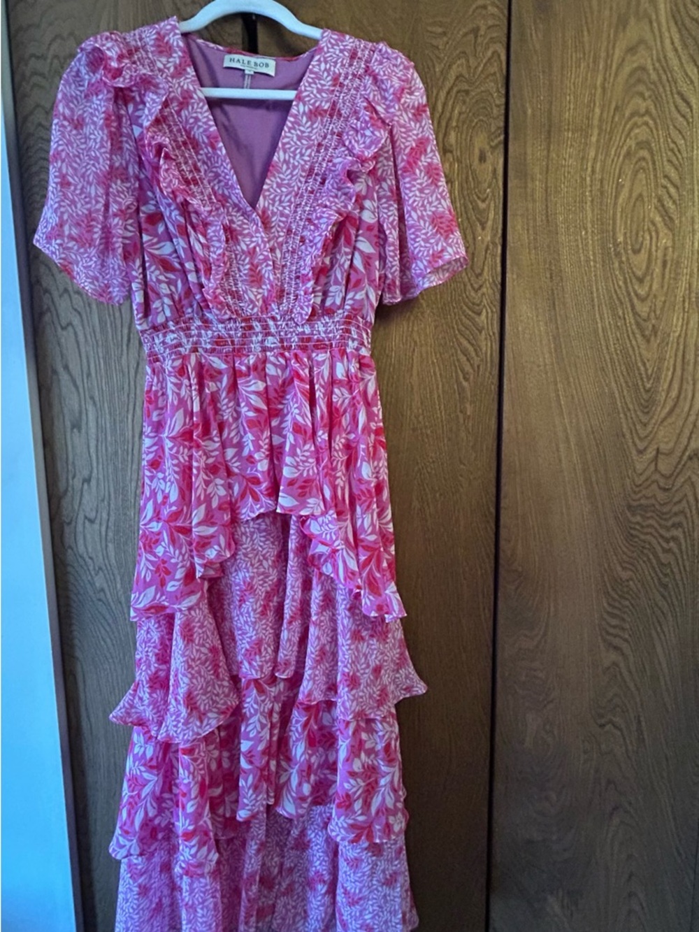 Hale Bob Pink Floral High-Low Ruffle Maxi Dress